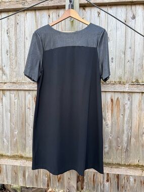 Ann Taylor Black Short-Sleeve Midi Dress with Faux Leather Business Punk Stretch